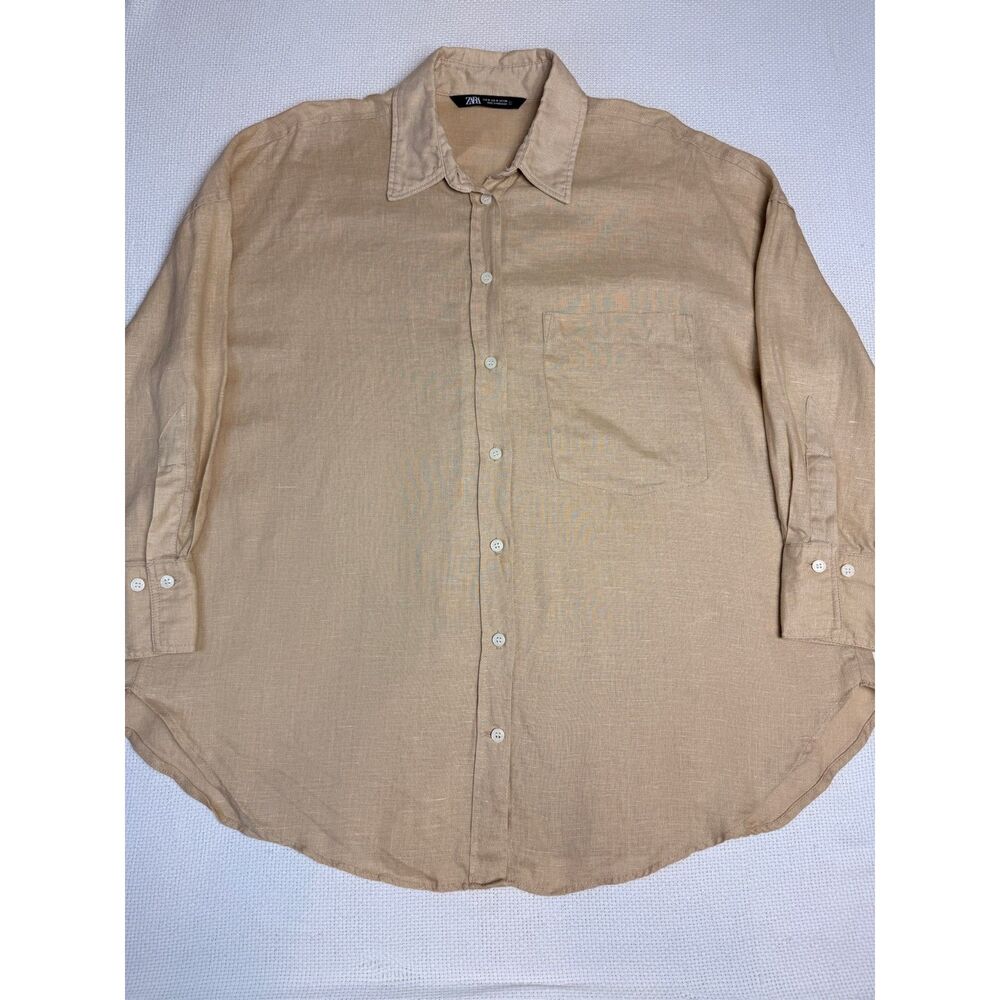 Zara Beige Linen Blend Button Up Shirt Oversized Relaxed Fit Size Medium